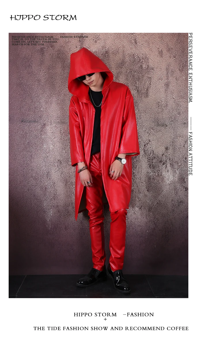Men's Singer Concert Trench Costume Red Faux Leather Windbreaker Hooded PU Cloak Long Overcoat Tide Male Dancer Hip Hop Coat
