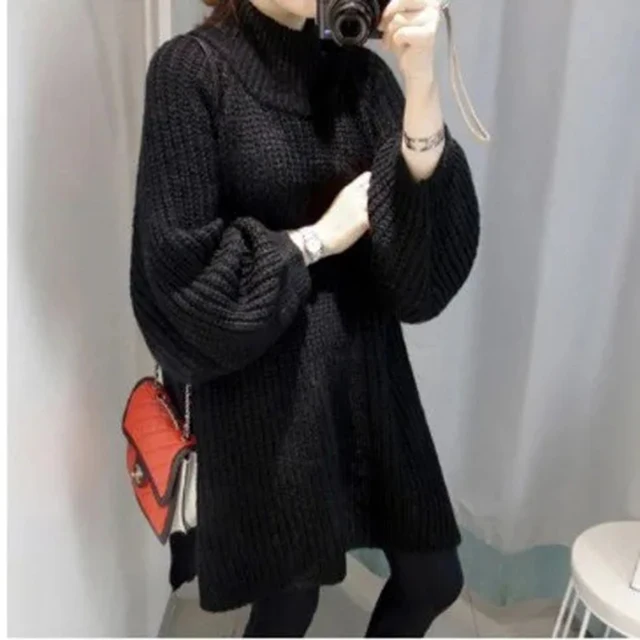 Autumn Winter Thick Long Sweater Dress Women Lantern Sleeve Side Slit Turtleneck Sweaters Long Sleeve Knitted Pullover Jumper 5