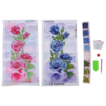 

2 Set Rose Flower 5D Diamond Embroidery Painting Needlework Cross Needle Kits 32X57CM, Pink & Blue