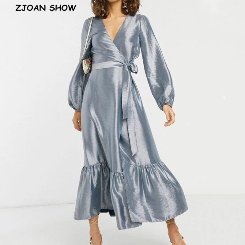 silver satin wrap dress