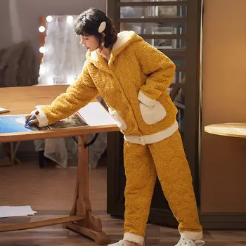 

Women 2 Pieces Pajamas Winter New Flannel Sleepwear Sets Thick Warm Pajamas Comfort Girl Cute Long Sleeves Homewear