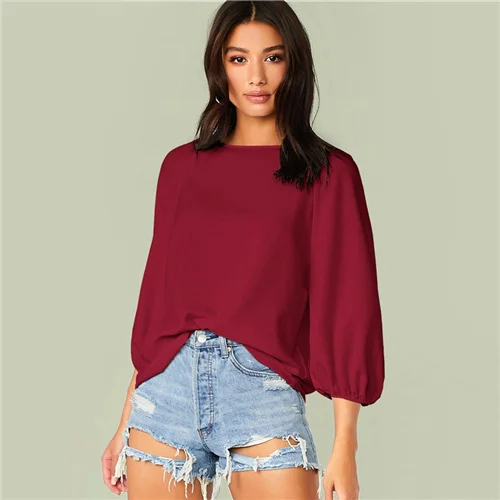 Бургундия Sheinside Casual Burgundy Lantern Sleeve Blouse Women Autumn 3/4 Sleeve Blouses Ladies Solid Minimalist Raglan Sleeve Top - Цвет: Бургундия