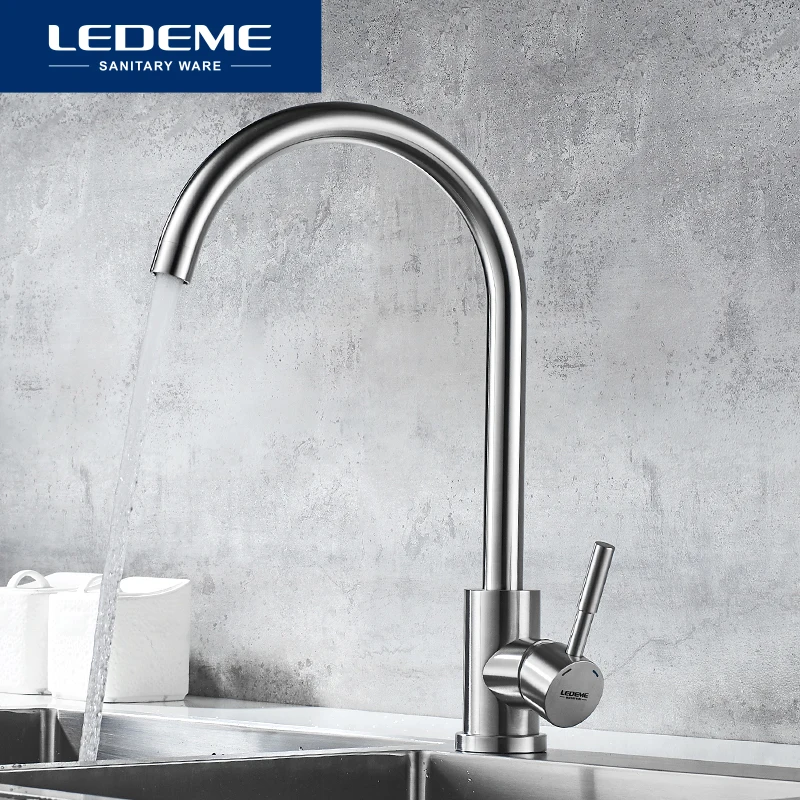LEDEME-grifo de cocina de acero inoxidable, mezclador de agua, de cerámica, sencillo, grúa, L74998A-3