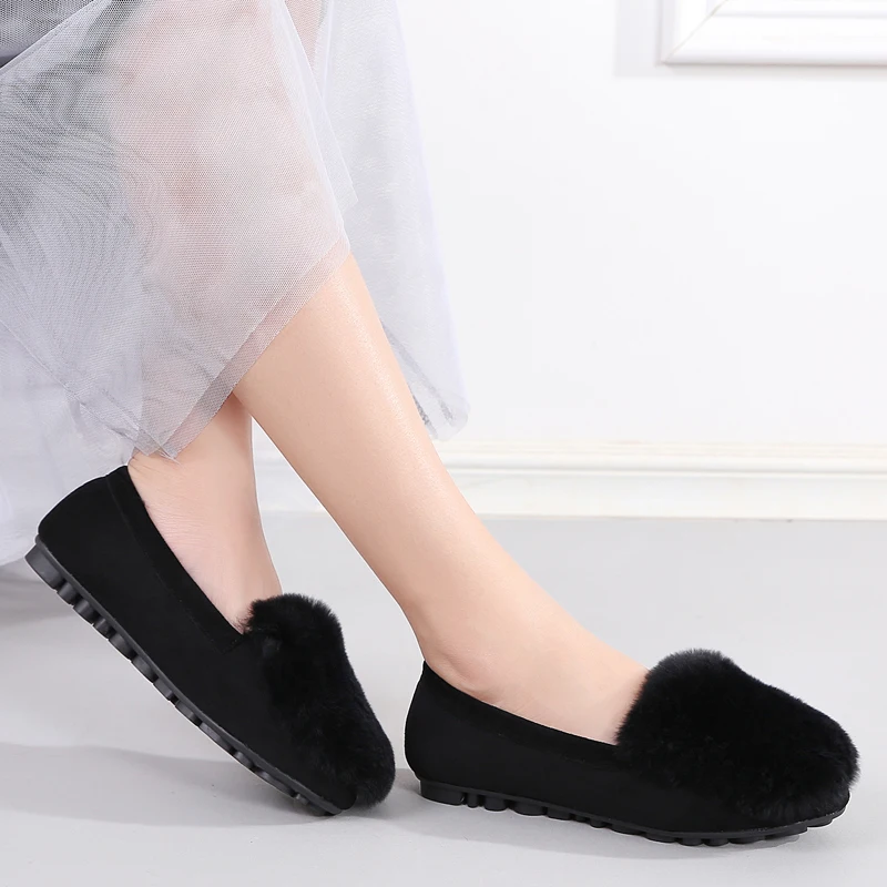Winter Shoes Woman Flats Rabbit Fluffy Fur Faux Suede Leather Warm Loafers Soft Sole Roll Egg Peas Ballet Flat Mother Shoes