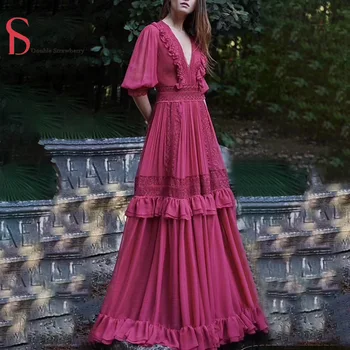 

Double Strawberry Spring New Style V-neck Bubble Three-quarter Sleeves Waist Temperament Women Party Beach Pleated Long Dresses