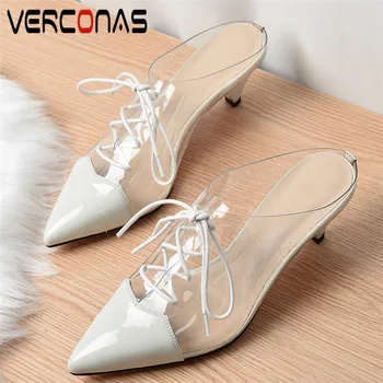 

VERCONAS Women Lace Up Mules Slippers High Quality Pointed Toe High Heels Sandals Summer Office Pumps Temperament Shoes Woman