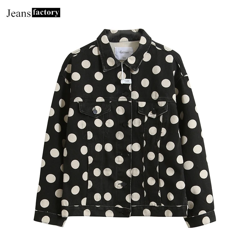 

Spring Autumn Fashion Dot Printing Long Sleeve Single-breasted Turndown Collar Washed Denim Jacket Women Basic Coat Windbreaker