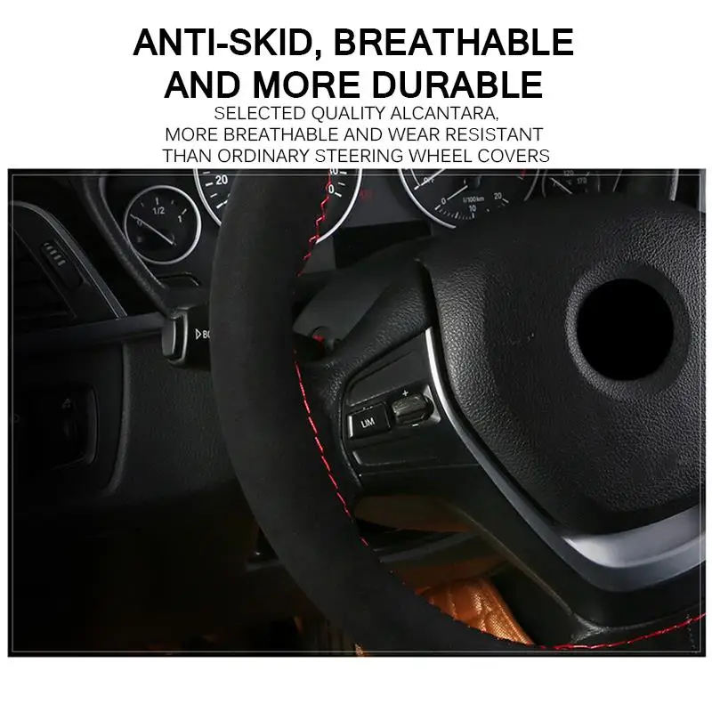 AOZBZ замшевая крышка рулевого колеса автомобиля противоскользящая оплетка рулевого колеса автомобиля стежка на обертывание с резьбой иглы 38 см 14,93 дюйма