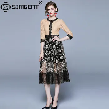 

Simgent Flower Lace Dress Spring Autumn Women Three Quarter Sleeve Crochet Lace Patchwork Midi Dress Vestidos Robe Femme SG99163