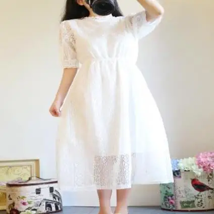 Mori Girl Summer Women White Lace Long Dress Chic Sweet Up Slim Vestidos Longo Half Sleeve Elegant Preppy Midi AE722 | Женская одежда