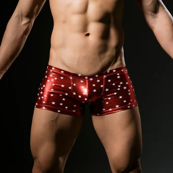 

Men Star Printed Underwear Sexy Faux Leather Fashion Boxers Shorts Panties Tight Boy Satin Boxer