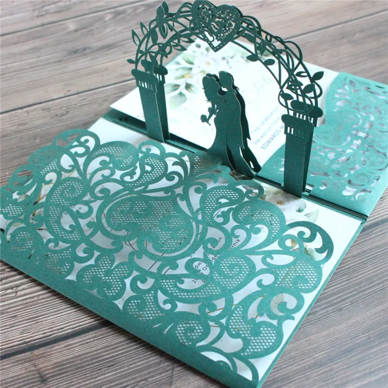 Wedding Invitations Marriage Announcements 3D Flower Laser Cut Nostalgic Pocket Invites
