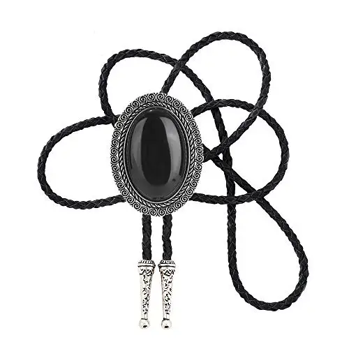 Vintage Bolo Tie Cowboy Western Bolo Tie with Black Stone Pendant Necklace 