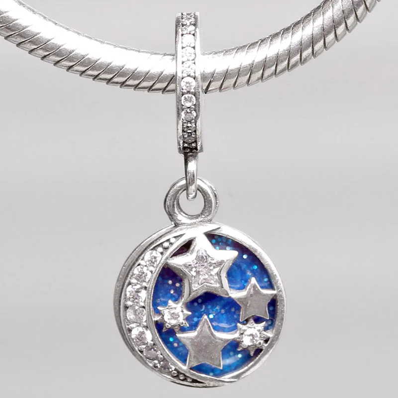 

New 925 Sterling Silver Charm Blue Enamel Night Sky & Star With Crystal Pendant Bead Fit Original Bracelet Necklace DIY Jewelry