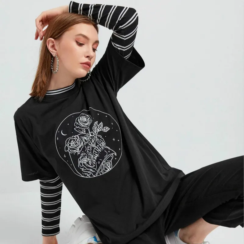 

Женская футболка с коротким рукавом dreamchen-jf, хлопковая Футболка в готическом стиле с принтом черепа, цветов, модная уличная одежда для женщин