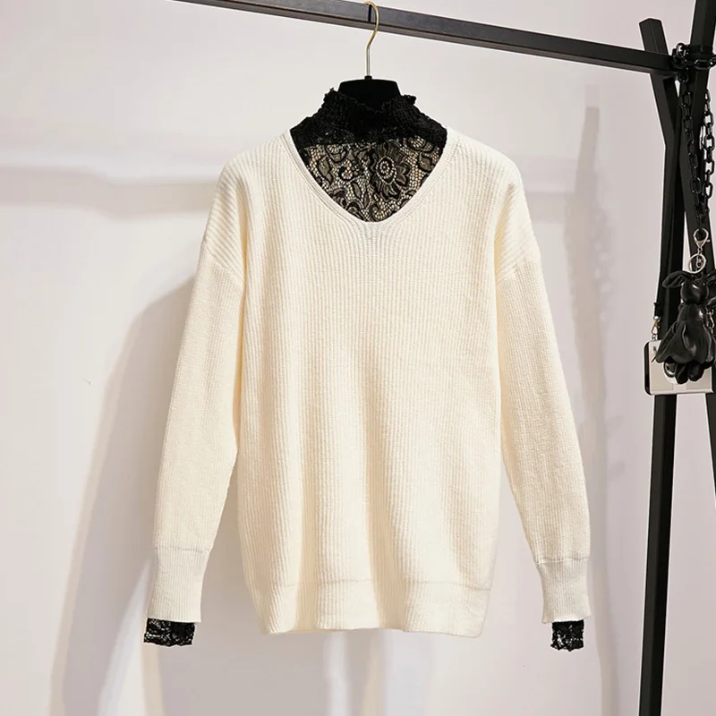 Sweater Trytree осенне-зимний комплект из двух предметов Повседневная водолазка кружевной вязаный лоскутный топ+ юбка мини-трапеция комплект молнии комплект из 2 предметов - Цвет: Sweater