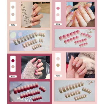 

24 pieces Fire Pattern False Nail Full Cover Fake Nail Elegant Pink Gradient French Short Nails Shiny Short Fake Nail Dropship