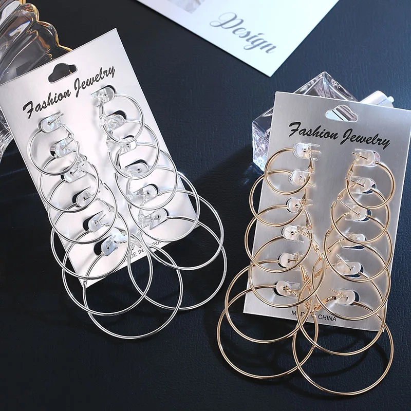 

6 Pair Circle/round Large Hoop Earrings for Women Silver Ear Rings Earring Set Gold Fashion Hoops 2019 Woman Accesories Jewelry