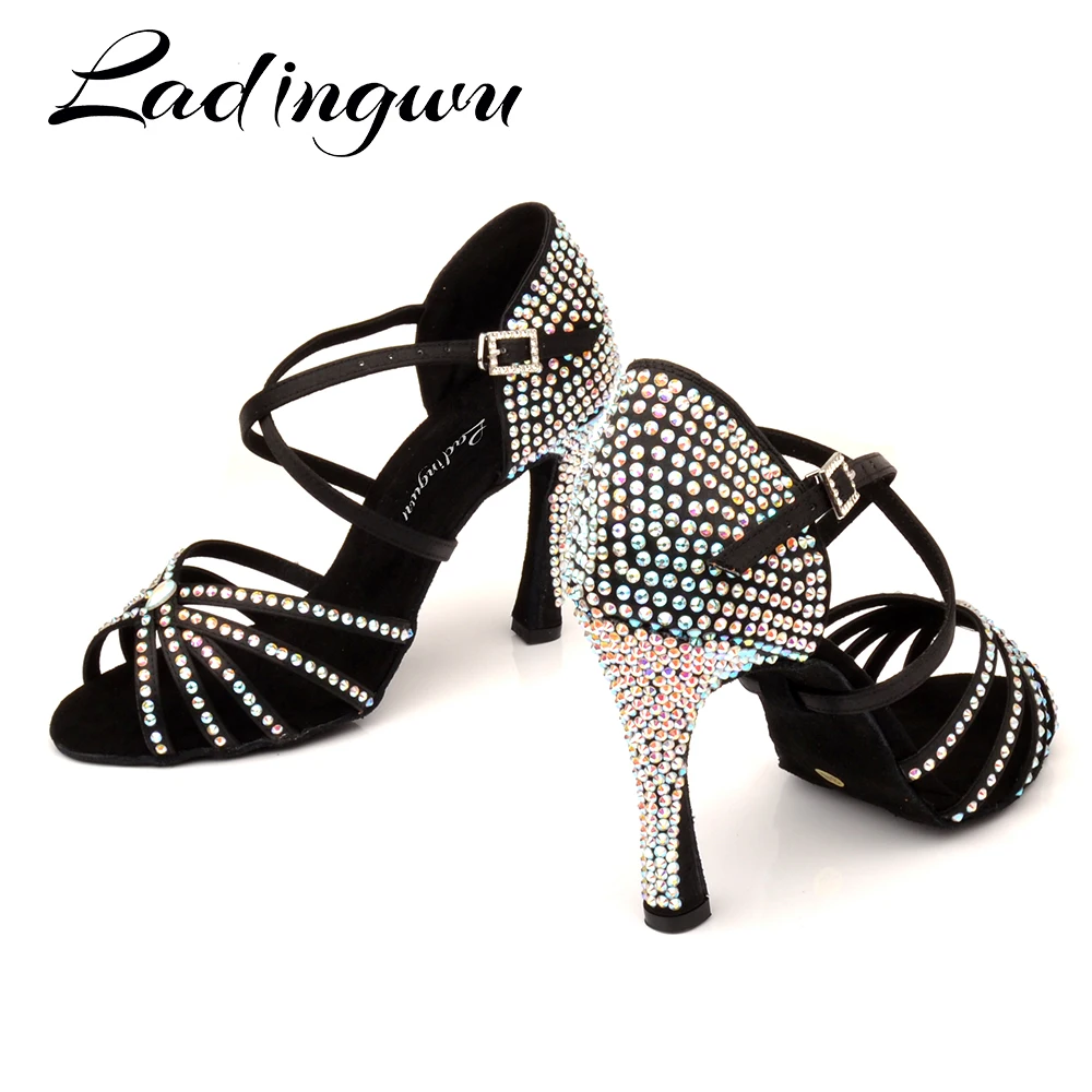 Ladingwu Customized Heel And Color Soft Woman Girls Soft Satin And Rhinestone Latin Salsa Ballroom Dance Shoes For Ladies