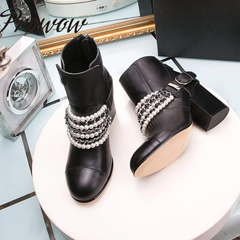 

Prowow New Genuine Leather Pearl Chain Ankle Boots Round Toe Zip Side Thick Heel Autmn Winter Boots Shoes Women