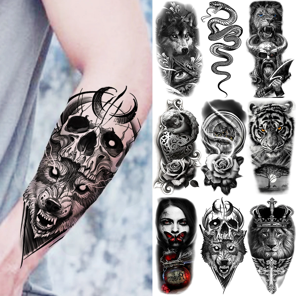 

Wolf Skull Temporary Tattoos For Women Men Realistic Snake Lion Tiger Flower Compass Angel Fake Tattoo Sticker Arm Tatoos Legs