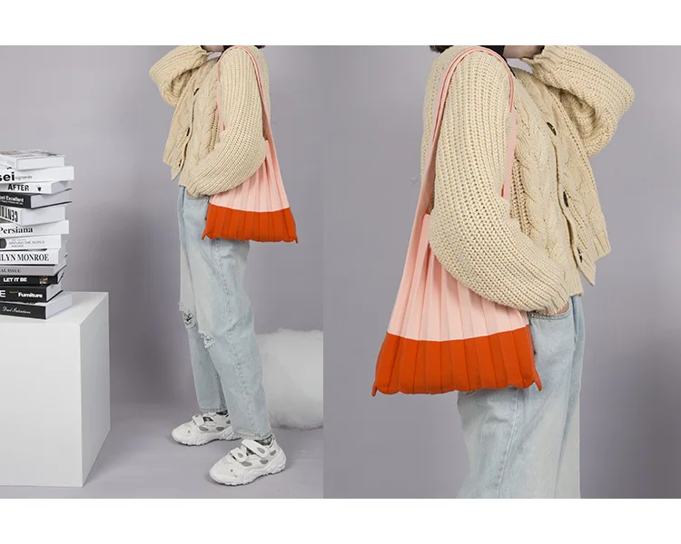 Wool knitting Pleated Bags Patchwork Drawstring Shopping Bags Girls Causal Large Shoulder Bag Korean Japanese Chic Small Handbag