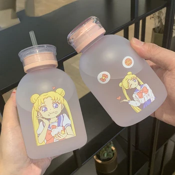 

Tidyhom Sailor Moon Transparent Plastic Water Milk Juice Bottle Cartoon Frosted Leak-Proof Drinkware Cute Student Girl Gift Cup