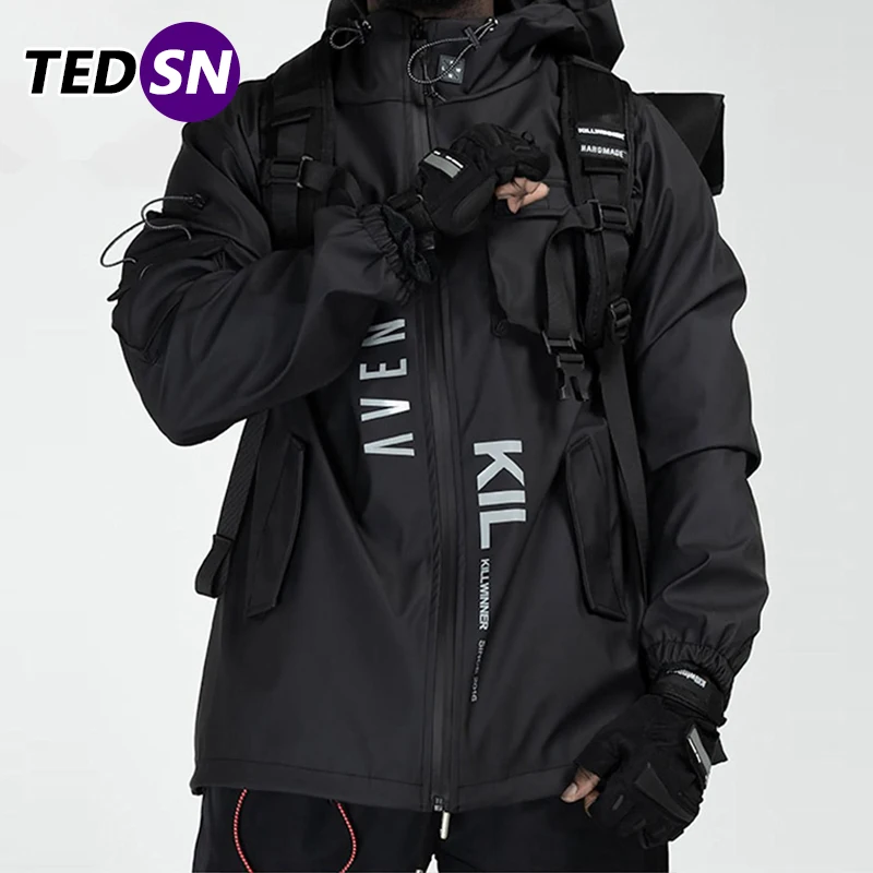 2021 Winter Stylish Men's Black Street Trench Techwear Waterproof Multi-Pocket Letter Printed Windbreaker Jackets Coat Clothing | Мужская