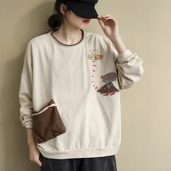 

2020 Spring Korean Fashion Style Ladies Loose Clothes Womens Cartoon Embroidery Hoodies Cotton Sweatshirt Plus Size SA515S50