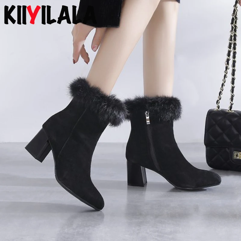 Kiiyilala/зимние сапоги из натуральной замши с кроличьим мехом; женская зимняя обувь на молнии с острым носком на деревянном каблуке; теплые плюшевые женские ботинки