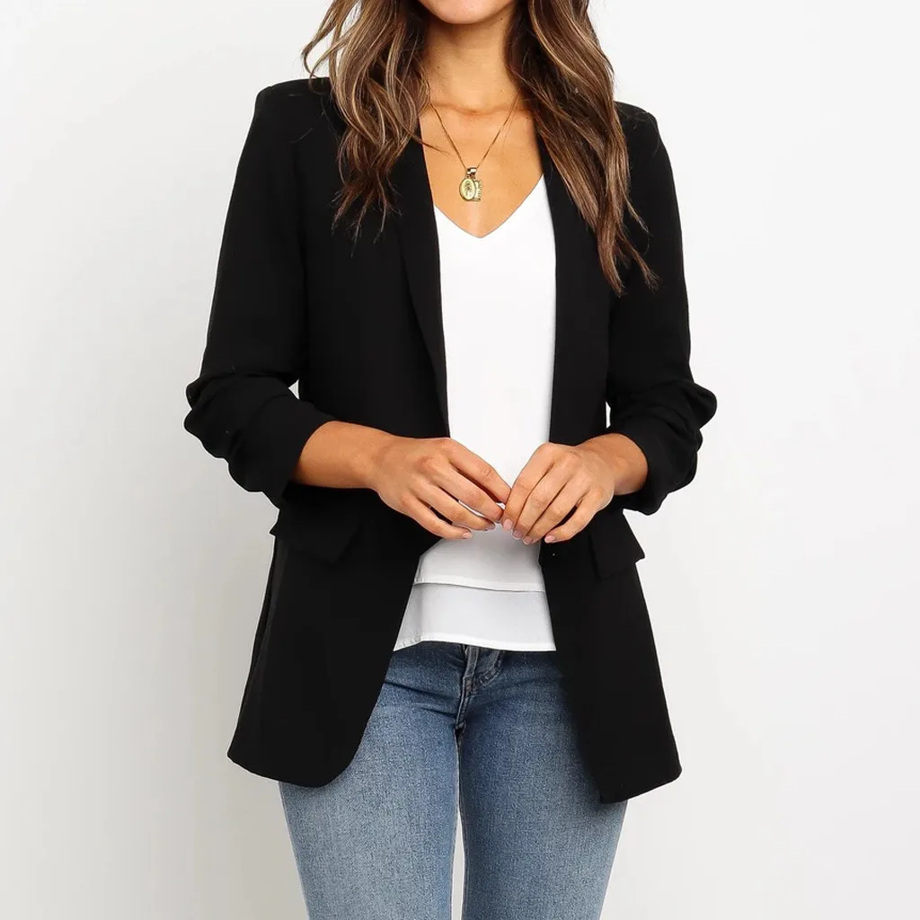 Women Solid Blazer Top Long Sleeve without button Casual Jacket Ladies Office Coat Blouse black blazer