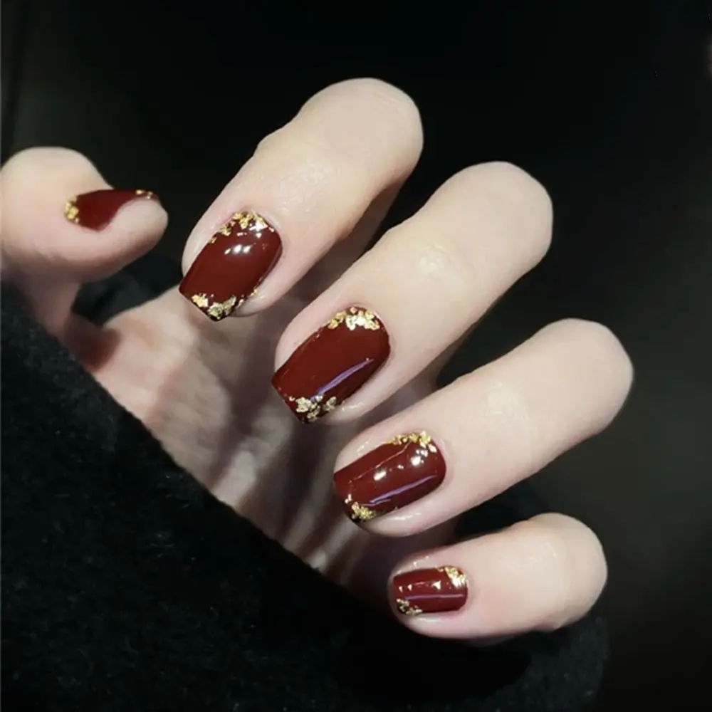 24pcs Square Head False Nail Tip Red Wine Design Artificial Fake Nails With  Glue Press On Nails Diy Nail Art Manicure Tools - False Nails - AliExpress