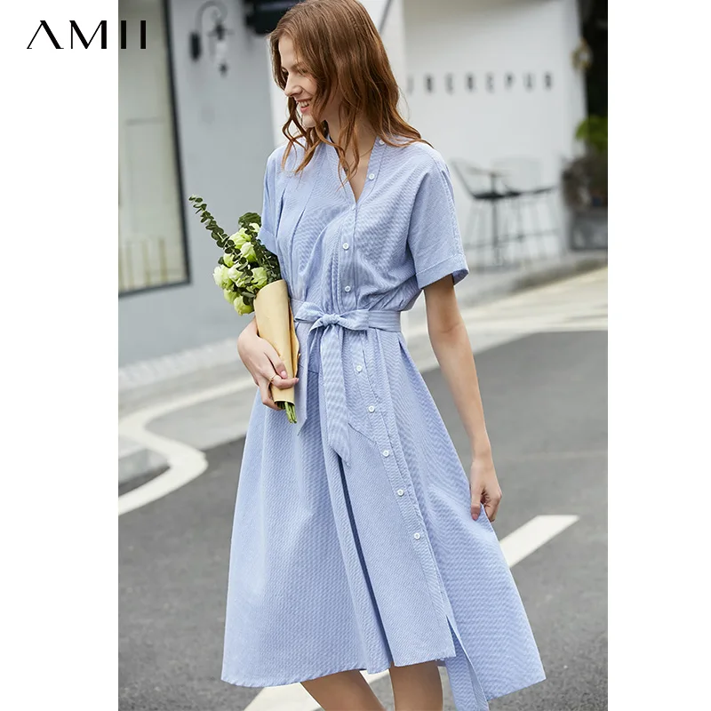 

Amii Spring Summer Women Vintage Striped Dresses Female Causal Short Sleeve Irregular Belt V Neck Ladies Dress Vestidos 11920065