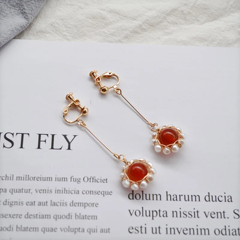 

New Hand-made Fashion Design Red Pearl Earrings long non piercing earring simple ear cuffs for women