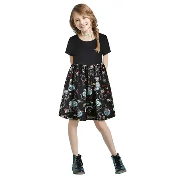 

Kids Short Sleeve Black Dresses Girls Cat Printed Princess Dress Summer Children Clothing 2 3 4 5 6 7 Years Girl Elegant Outfits