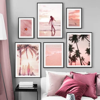 

Pink Sunset Beach Tree Starfish Surfboard Nordic Posters And Prints Wall Art Canvas Painting Wall Pictures For Living Room Decor