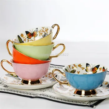 

European Bone China Coffee Cup Colorful Porcelain Butterfly Ceramic Tea Cup And Saucer Set British Office Teacup Drinkware Gift