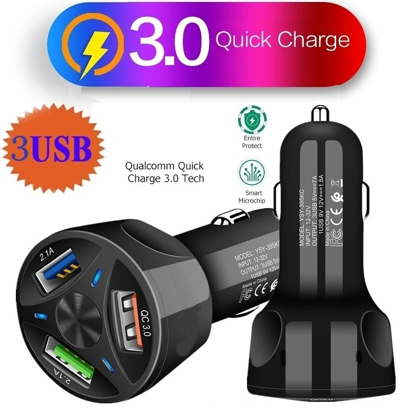3 порта USB быстрая зарядка 3,0 Автомобильное зарядное устройство QC 4,0 Быстрая Зарядка адаптер зарядное устройство для автомобиля для iPhone 7 8 Plus huawei P30 P20 mate 20 Pro