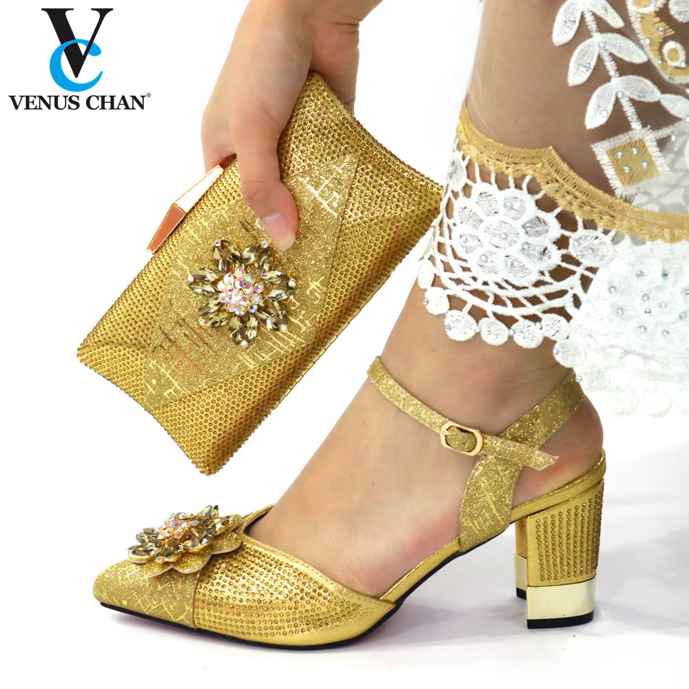 Gold Color African Ladies Wedding Shoes And Bag To Match Set Matching Shoes And Bag Italian Style Comfortable Heels
