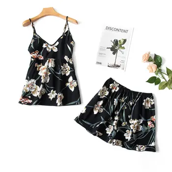 

2020 Summer Women Sleeping Suits V-neck Tank Top Shorts Clothing Sets Lounge Pajama Set Female 2pcs Floral Sleepwear