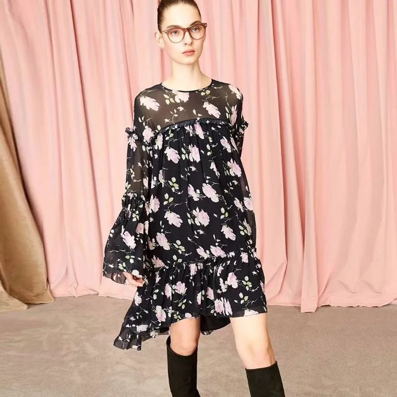 

Women Dress 2019 New Ruffled Loose Romantic Flower Print Silk Dress