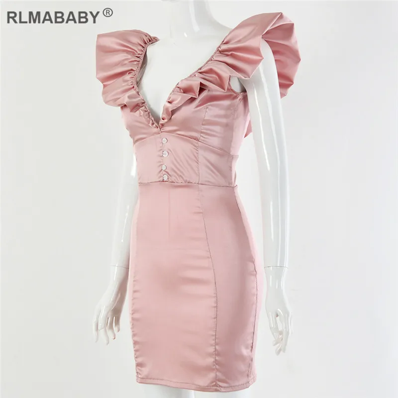 RLMABABY, сексуальное облегающее мини-платье с v-образным вырезом и оборками на пуговицах, женские вечерние платья розового цвета для ночного клуба, элегантное короткое рождественское платье
