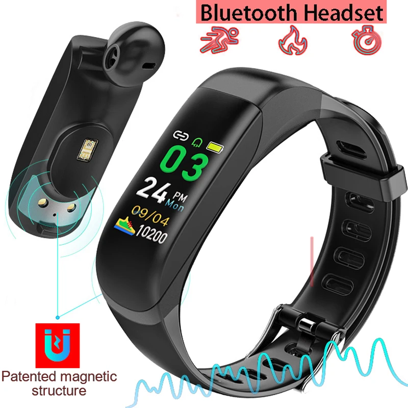 Bluetooth-гарнитура смарт-браслет измерения давления здоровья умный пульсометр с фитнес-наушниками Смарт-часы браслет крови русском языке фитнеса умный Браслет с измерения давления измерением здоровья умный пульсометр