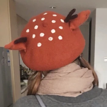 

Handmade Wool Felt Beret Christmas Antler Ear Beret DIY Creative Hat Gift for Woman