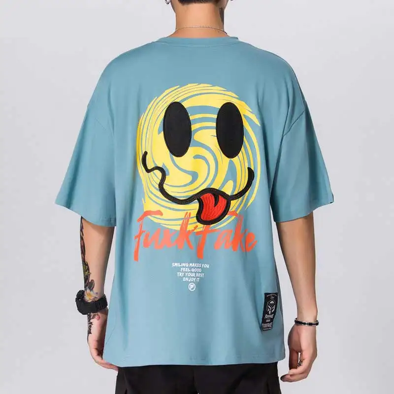 

2020 Embroidery Tongue Smile Face Print T-Shirts Streetwear Hip Hop Casual Short Sleeve Tees Men Hipster Summer Tops Tshirts