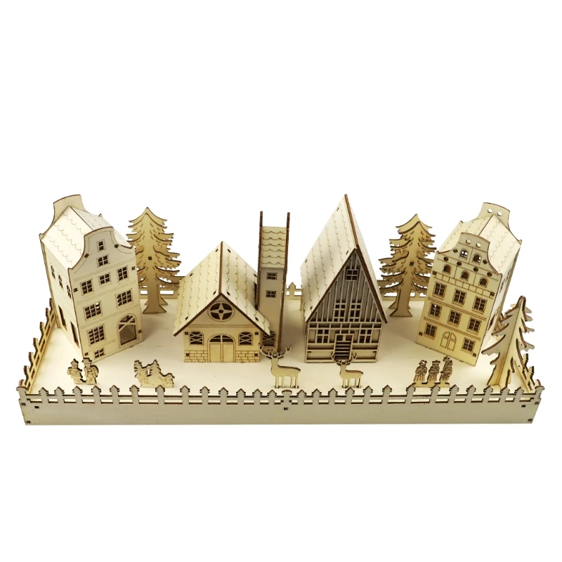 Pueblo De Navidad Iluminado De Madera - Set Decorativo Con Casitas, árboles Y Figuras LED, Alimentación TYPE-C, Tamaño 35x28x5 Cm