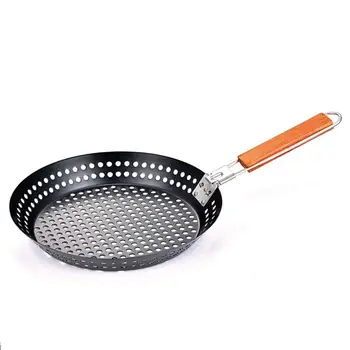 

Non-Stick BBQ Grilling Skillet Large Black Folding Handle Round Barbecue Grill Pan Veggies Seafood Barbecue Plates Diam 12.5''