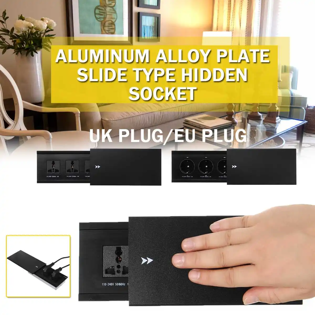

ALL Aluminum Alloy Plate Slide Type 3 Power Socket Dual USB Charge Port Office Table Outlet Matte Cover UK EU Plug