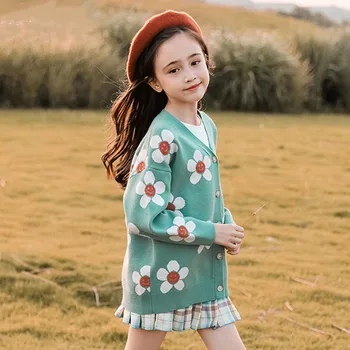 

Children Floral Print Sweater For Girls Single Breasted Cardigan Knitwear Kids Autumn Casual Loose Warm Pullovers Tops Sweaters