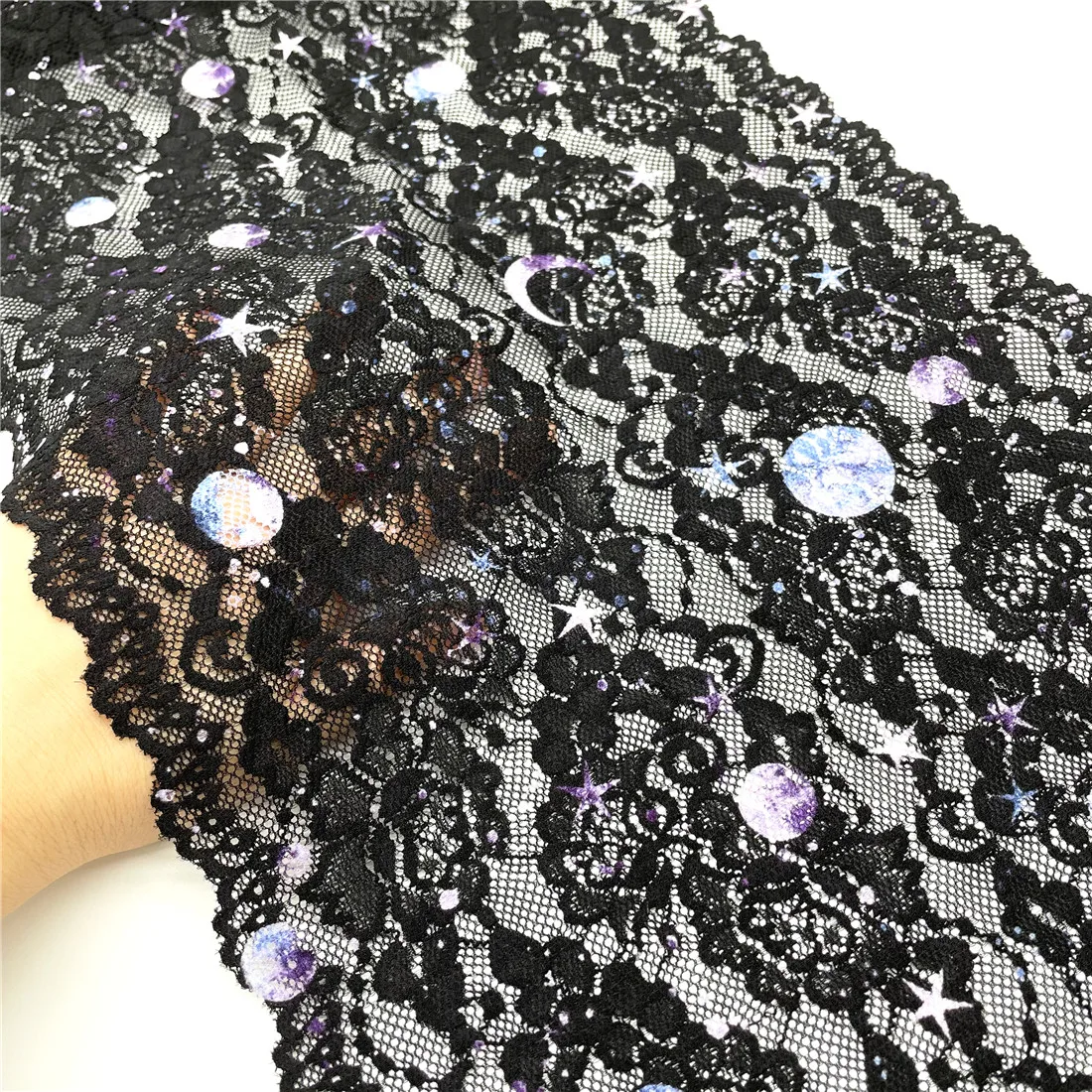 3M/lot Width28cm Star Moon Night Black Wide Elastic Lace Trim Skirt Hem Underwear Sewing Craft DIY Apparel Fabrics Lace Lingerie 5